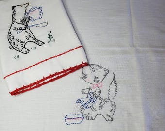 Set of 2 Vintage Embroidered Cotton Dish Towels, Vintage Dish Towels, Embroidered Kitchen Towels