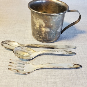 Silverplate Small Baby Cup with Spoons & Fork, Silverplate Baby Cup, Silverplate Baby Spoon and Fork