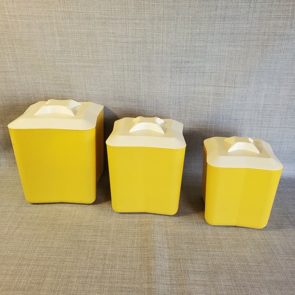 Set of 3 Vintage 1970's Plastic Canisters, Vintage Yellow and Beige Kitchen Canisters, Vintage Plastic Canisters
