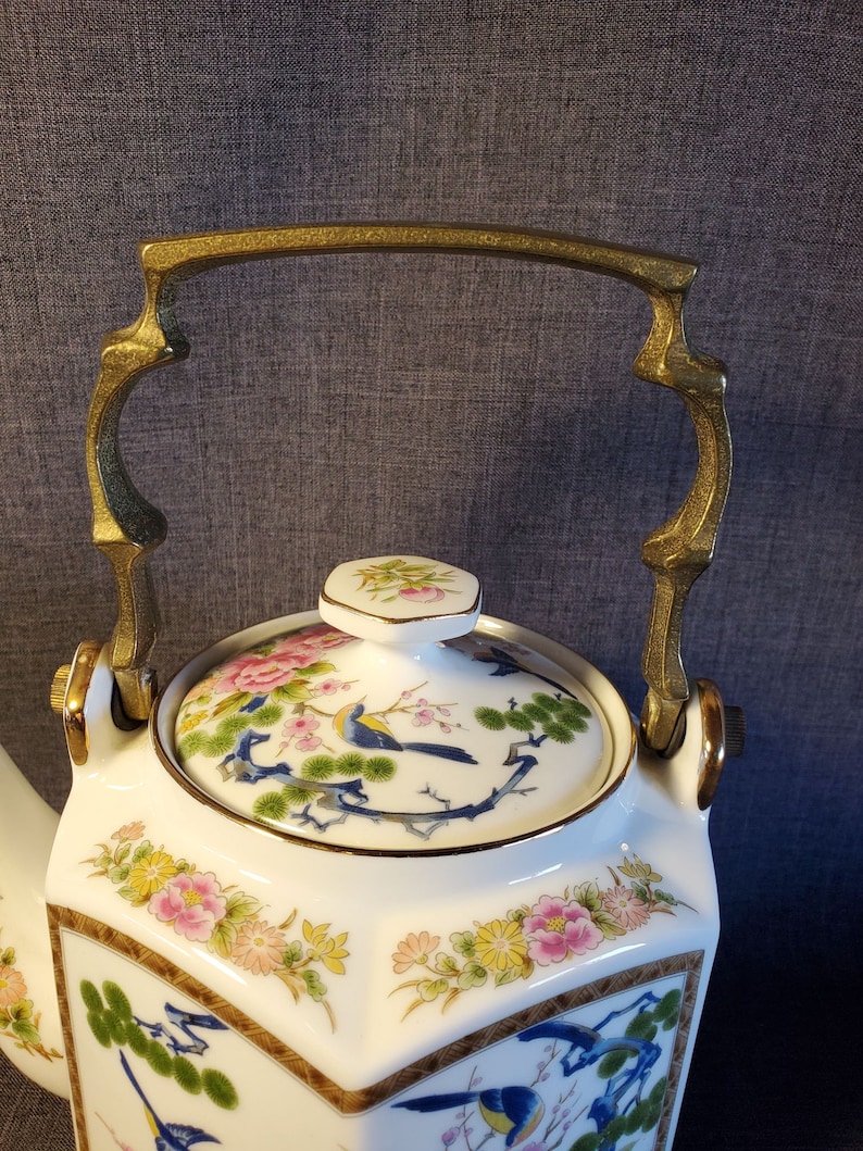 Porcelain Japanese Teapot With Floral Design and Brass Handle Etsy