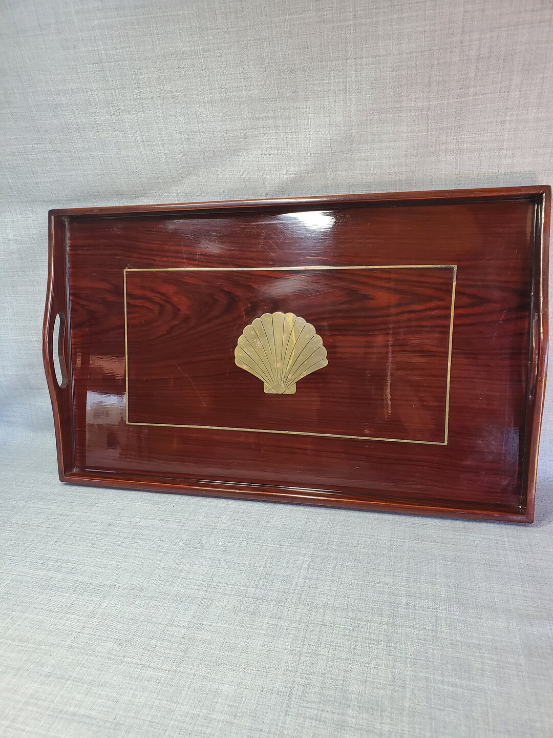 Vintage Lacquerware Tray With Brass Inlaid Shell, 11 X 18 In. Lacquered ...