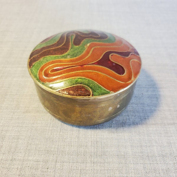 Vintage Brass Trinket Box with Enameled Lid, Brass Trinket Box with Birds Enameled Design, 3 1/2 x 1 3/4 in.