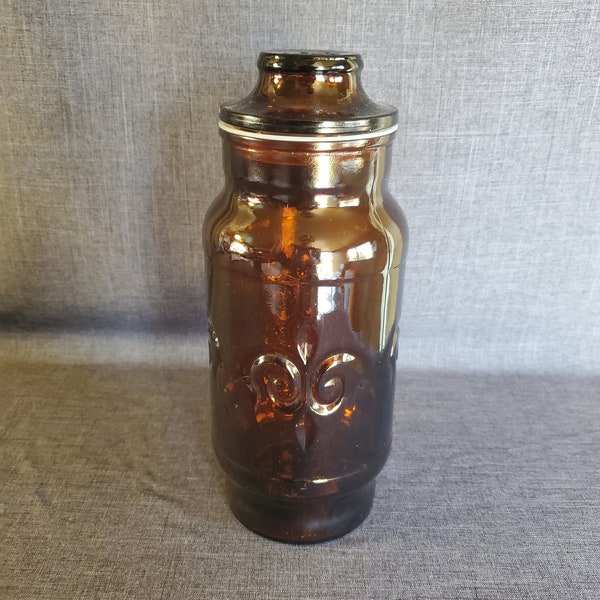 Vintage Brown Glass Canister, Glass Kitchen Canister, Brown Glass Jar, 9 1/4 in.