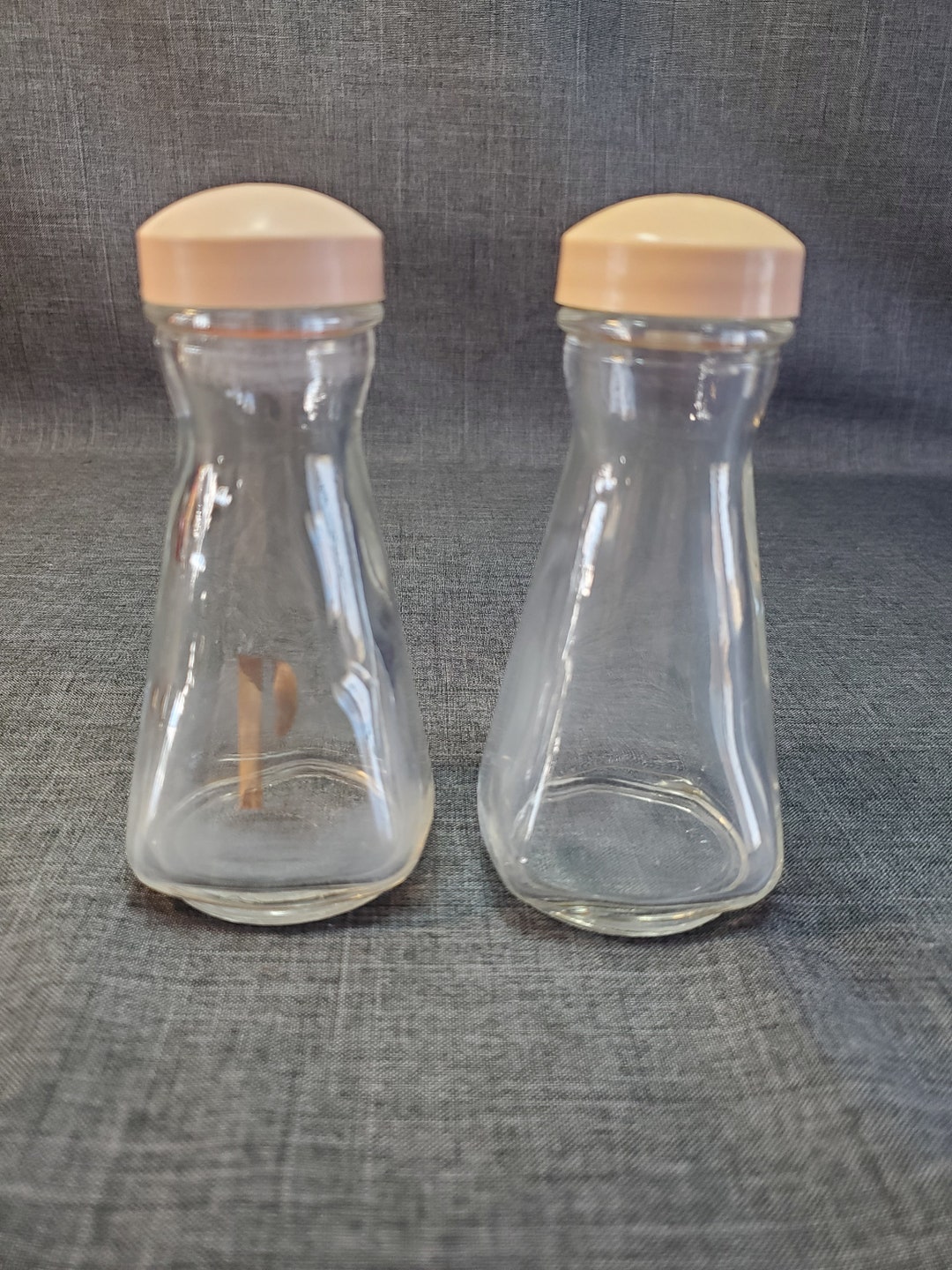 Set of Vintage Pyrex Salt and Pepper Shakers, Pink and Clear Salt