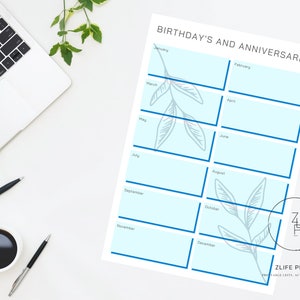 Printable Birthday and Anniversary tracker