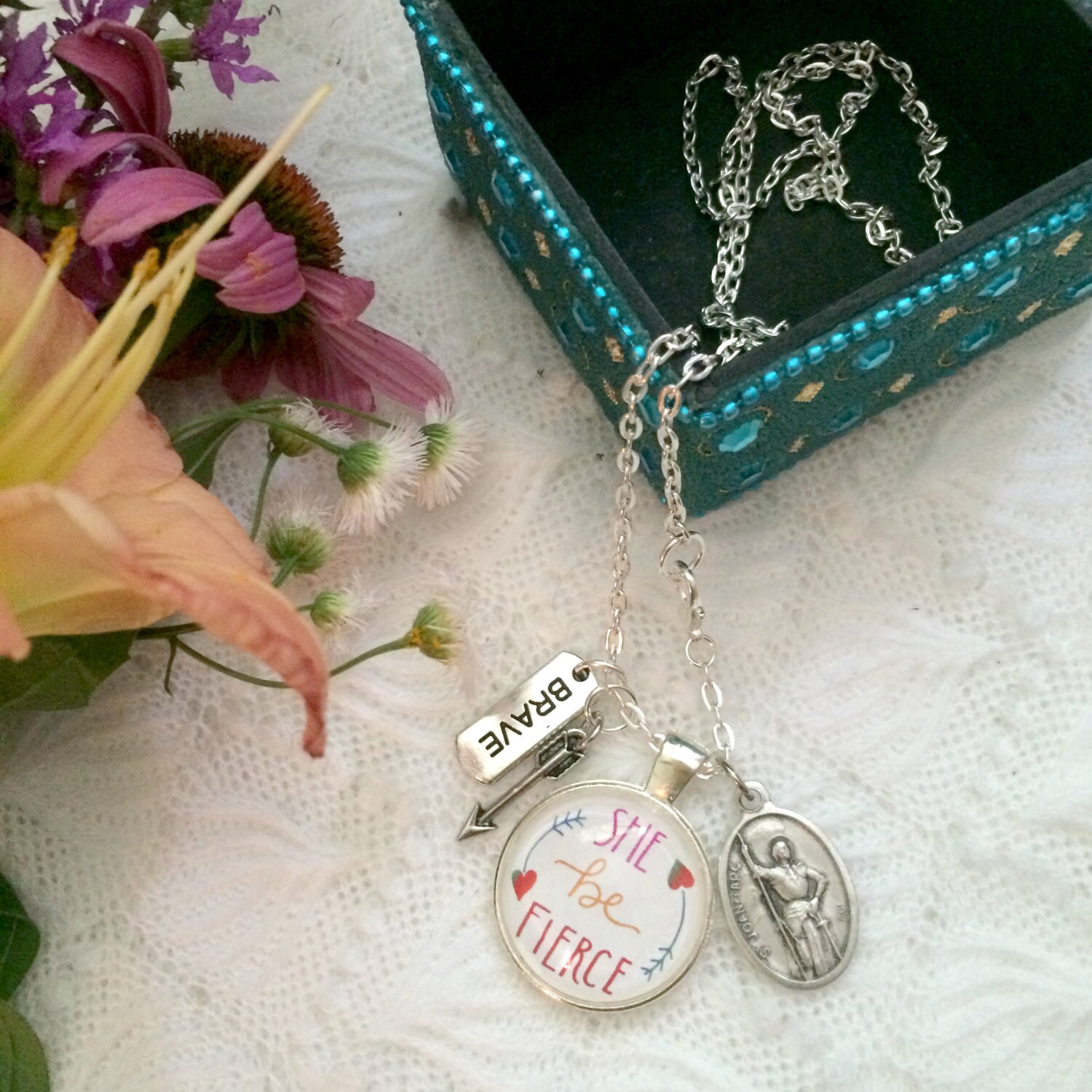 Catholic Pendant Necklace * Handlettered She Be Fierce Pendant * Joan