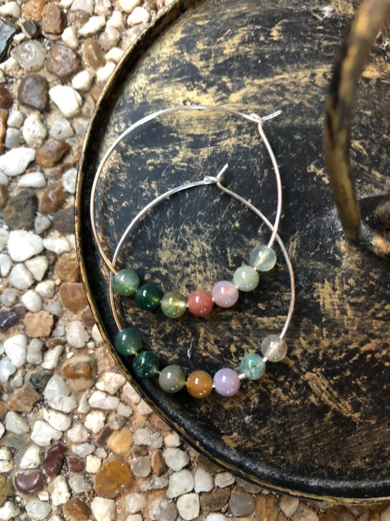 Indian agate silver hoop earrings