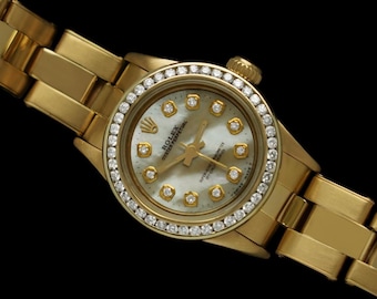 Rolex Ladies Oyster Perpetual 67197 Watch - 18K Gold, MOP & Diamonds