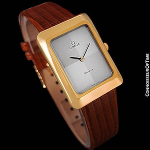 1975 Omega De Ville Vintage Mens Midsize Dress Watch With Checkerboard DIal - 18K Gold Plated