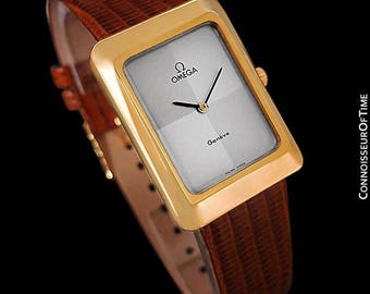 1975 Omega De Ville Vintage Mens Midsize Dress Watch With Checkerboard DIal - 18K Gold Plated
