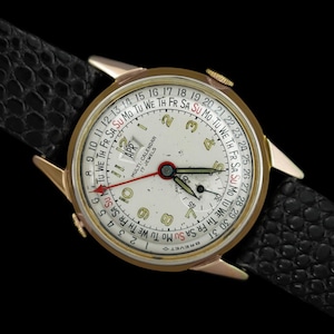 1950&#39;s Swiss Date-O-Graph Vintage Mens Triple Date Calendar Watch - 18K Gold Plated & Stainless Steel