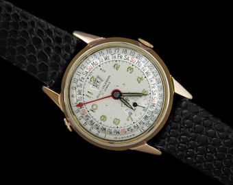 1950's Swiss Date-O-Graph Vintage Mens Triple Date Calendar Watch - 18K Gold Plated & Stainless Steel