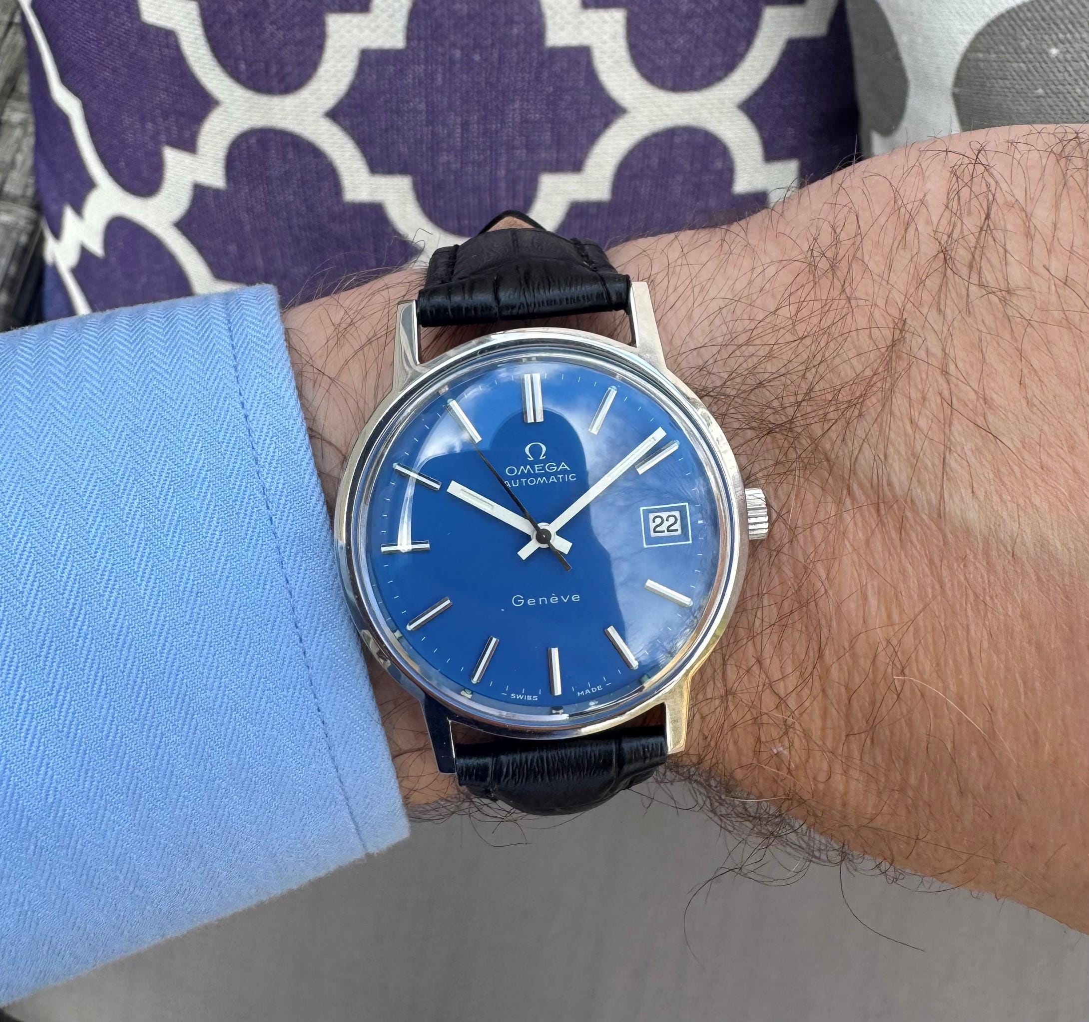 1973 Omega Geneve Vintage Mens Byzantine Blue Automatic Watch Stainless  Steel