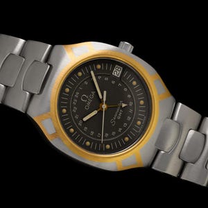 May include: A silver and gold Omega Seamaster GMT watch with a black dial. The watch features a date display at the 3 o'clock position and a silver metal band. The watch has a gold bezel and accents. The watch is a luxury item.