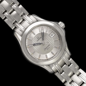 May include: Silver Omega Seamaster 120 m wristwatch with a silver dial and date display. The watch has a stainless steel band and a textured wave pattern on the dial. The watch is set against a black background.
