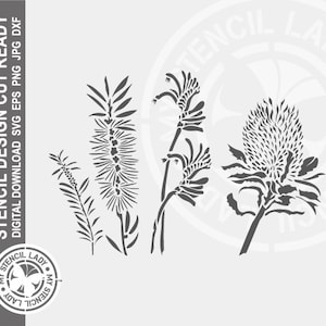May include: A stencil design featuring three different types of Australian native flowers. The flowers are stylised and have a simple, elegant design. The stencil is perfect for crafting and decorating projects.