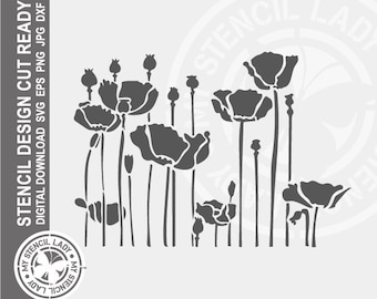 Poppies Poppy Flowers 1428 Stencil Digital Download Laser Cricut Cut Ready Design - .svg .eps .dxf .png .jpg Files