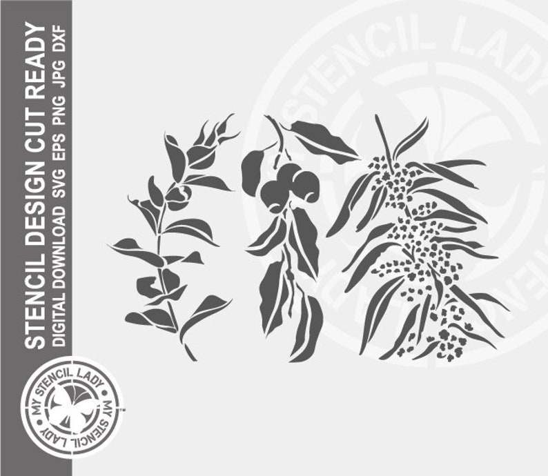 Eukalyptus Gum Australian Native Branches 1498 Schablone Digital Download Laser Cricut Cut Ready Design .svg .eps .dxf .png .jpg Dateien Bild 1