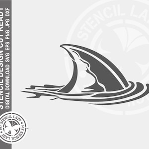 May include: A black and white silhouette of a shark fin breaking the surface of the water. The fin is in the upper right corner of the image. The water is represented by three concentric circles.