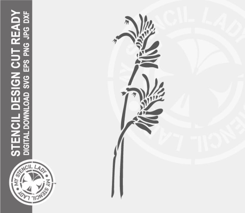 May include: A stencil design of two stylized flower stems with multiple leaves and petals. The design is in black and white and is suitable for crafting projects.