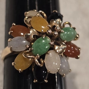 Vintage 14K yellow gold multi color genuine jadeite jade dome cluster ring SIZE 7.5