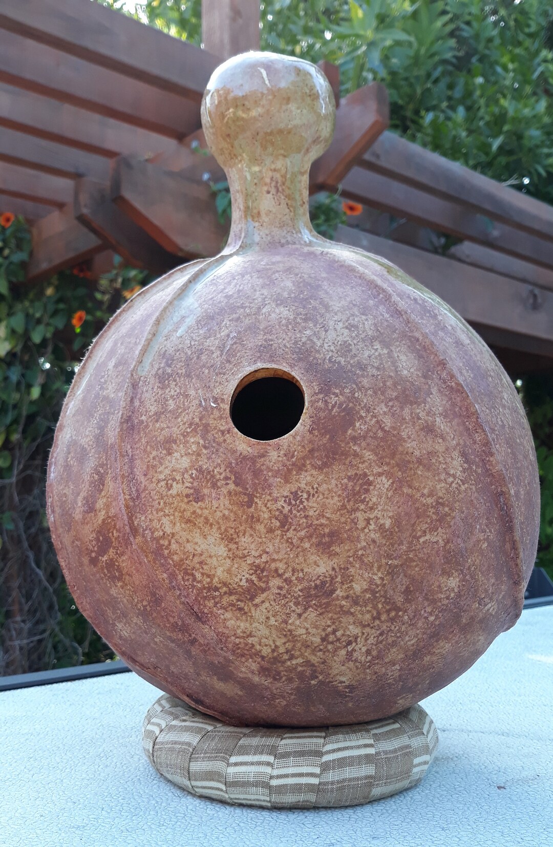 Earthtone Pot Drum, Ribbed Ceramic Udu, Percussion, Musical Instrument