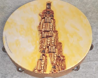 VINTAGE Tambourine: Musical Percussion Instrument with image of Spanish Black Madonna of Monserrat