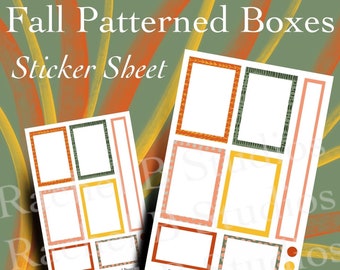 May include: A sticker sheet with fall-themed patterned boxes. The sheet includes six different boxes with various patterns in orange, yellow, and green. The boxes are surrounded by a white border and the text "Rachel B Studios - Fall Patterned Boxes" is printed at the bottom.