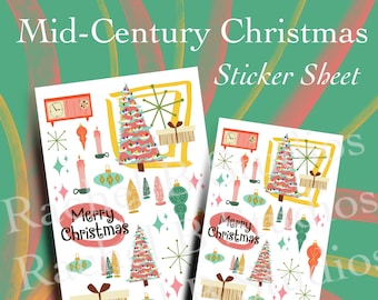 May include: A sticker sheet with a mid-century modern Christmas theme. The sheet features a variety of stickers, including a Christmas tree, ornaments, stars, candles, and a vintage radio. The text "Merry Christmas" appears on the sheet.