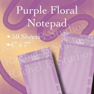 Puede incluir: Bloc de notas floral púrpura con 50 hojas, midiendo 10,16 cm x 17,78 cm. El bloc de notas tiene un fondo púrpura claro con detalles florales blancos y la palabra "Today". El texto "Purple Floral Notepad" está en la parte superior.
