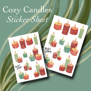 May include: A sheet of stickers featuring illustrations of various colored candles. The stickers are designed for use in a planner or journal. The text "Cozy Candles Sticker Sheet" is printed at the top of the sheet.