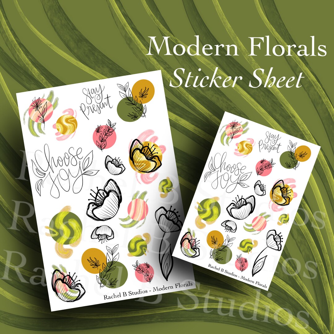 Modern Florals Sticker Sheet > Hand-drawn Abstract Line Art Flowers ...