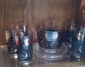 Hollywood Regency Coin Glassware Ice Bucket Vintage Bar ware 5 Black and Gold Coin Tumblers Holiday Drinks In Style
