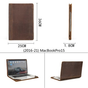 May include: Brown leather laptop sleeve for a 15-inch MacBook Pro (2016-21). The sleeve measures 30cm tall, 25cm wide, and 4.6cm thick.