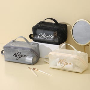 Regalo de dama de honor personalizado, bolsa de maquillaje transpirable de malla de gran capacidad, bolsa de lavado simple, bolsa de almacenamiento portátil para cosméticos, bolsa de lavado de viaje
