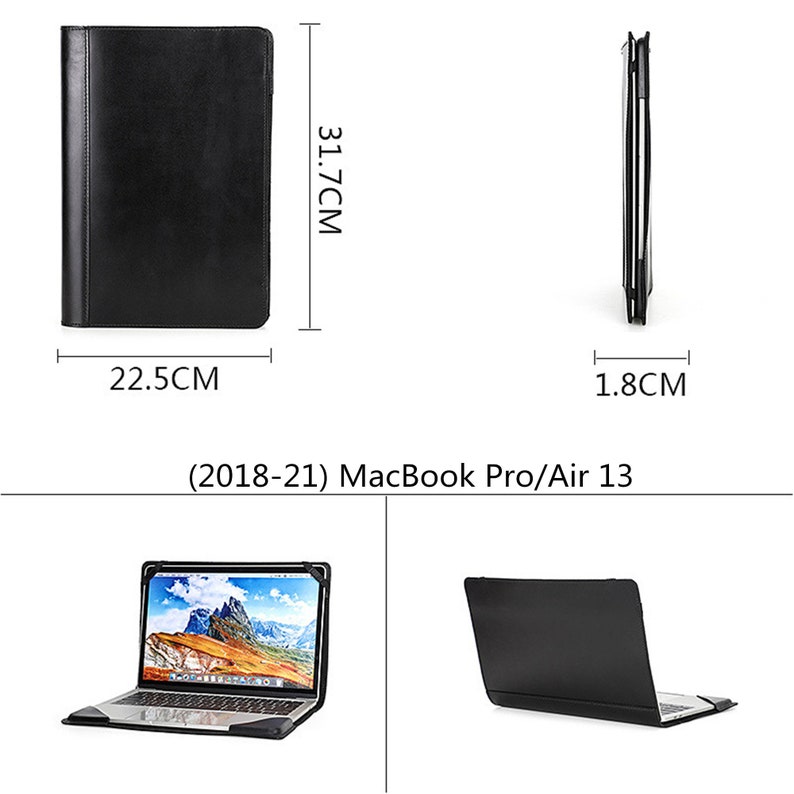 May include: Black leather laptop sleeve with a flap closure. The sleeve is designed to fit a 13-inch MacBook Pro or Air (2018-21). The sleeve measures 22.5 cm wide and 31.7 cm tall.