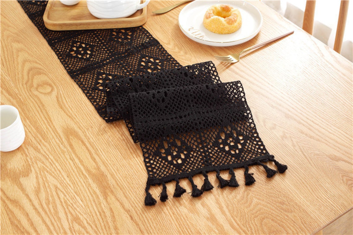 Black Crochet Lace Table Runner For Halloween Gothic Wedding Etsy