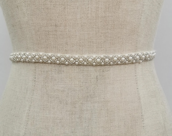 Beaded Pearl Wedding Sash, Handmade Bridal Belt, Thin Classical Dress Belt, Wedding Dress Belt, Pearls Waist Belt Free Shipping
