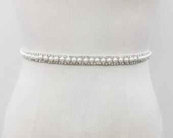 Thin Simple Pearl Rhinestone Belt, Wedding Sash, Bridal Gift, Flower Girl Belt with Ribbon or Clasp, Plus Size Custom Length Waist Belt