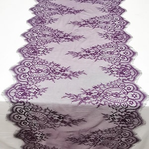 Purple Lace Table Runner with Scalloped Edge eggplant Purple lace runner for wedding 16inches / 40cm wide 7ft to 14ft