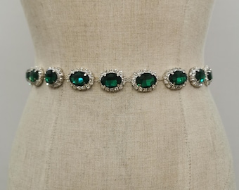 Green Oval Rhinestone Wedding Belt, Dress Waistband, Emerald Gown Sash, Wedding Gift, Bridal Belt, Custom Length, Plus Size Crystal Belt