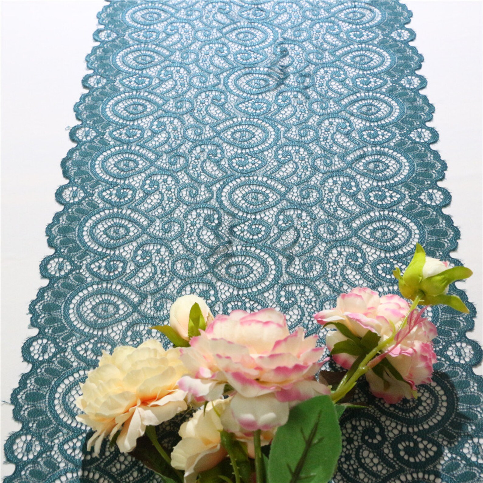 Teal Table Runner Green Lace Table Runner 12 Wide Etsy