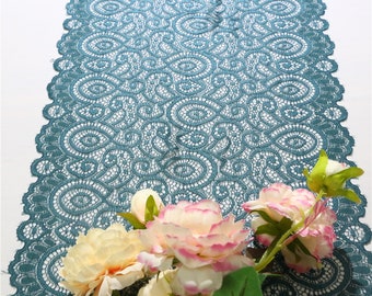 Teal Table Runner, Green Lace Table Runner, 12" wide x6ft-10ft long, lace topper, Wedding Decor, peacock weddings, Overlay, table runners