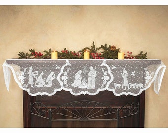 Ivory Lace Christmas Horns Design Mantel Scarf Ivory Lace Christmas Horns Design Mantel Scarf