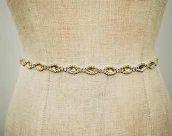 Ceinture jaune clair avec strass pour mariage, écharpe de mariée, ceinture fine, scintillante, grande taille, longueur personnalisée