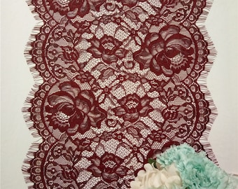 Burgundy lace runner,  wedding table runner, 12 inches / 30cm wide, wedding decorations, burgundy runner for wedding, Overlay,Tabletop