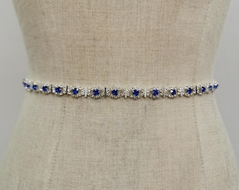 Thin Sapphire Rhinestone Belt, Blue Crystal Wedding Sash, Bridal Gift, Flower Girl Dress Belt with Ribbon or Clasp, Plus Size Waist Belt