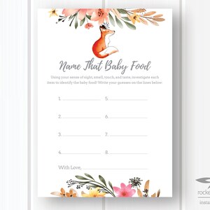 Fox Name That Baby Food Game, Baby Food Game, Fox Themed Baby Shower Game, Printable, Instant Download, A101