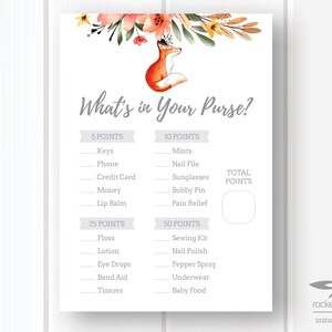 Fox What&#39;s in Your Purse Game, What&#39;s in Your Purse Game, Fox Themed Baby Shower Game, Printable, Instant Download, A101