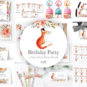 Fox Theme Birthday Party Decorations, 14 Item Woodland Theme Birthday Party Decor, Party Kit, Editable, Printable, Instant Download, A101